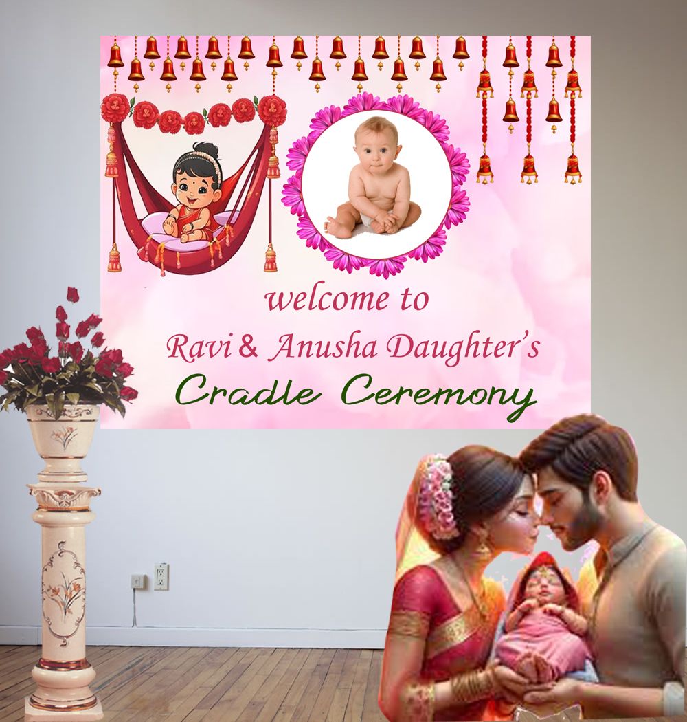 Cradle Ceremony Pink Backdrop / Background Banner With Baby Picture  (4ft x 5ft)