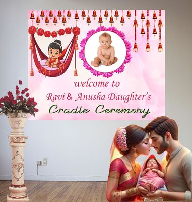 Cradle Ceremony Pink Backdrop / Background Banner With Baby Picture  (4ft x 5ft)