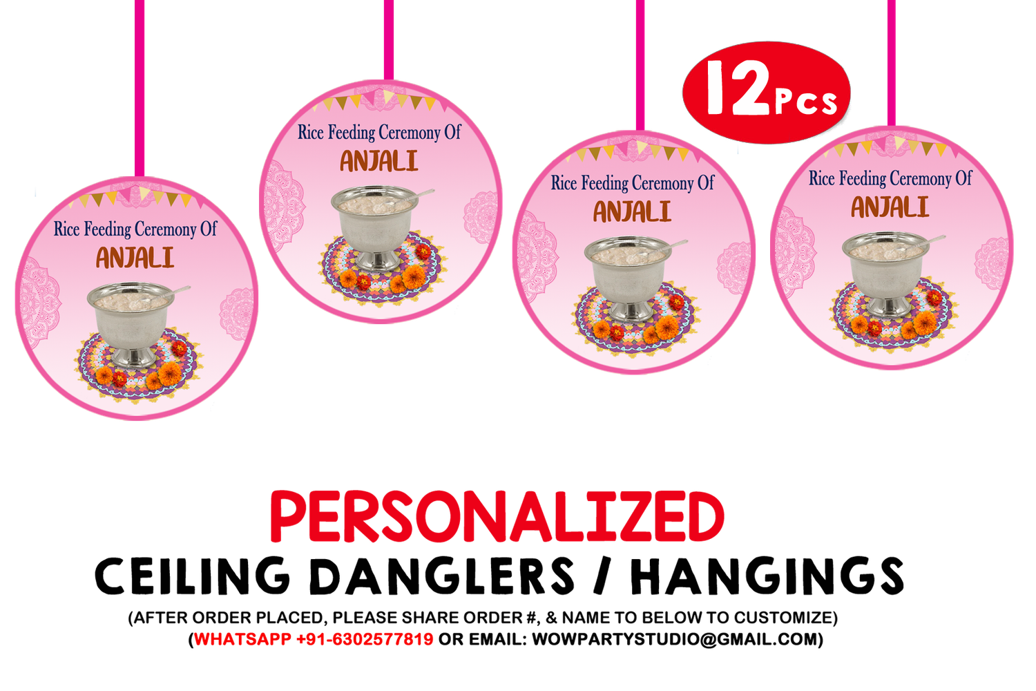Annaprashana/Rice Eating Ceremony Pink Theme Ceiling Hangings / Danglers (12 Pcs)