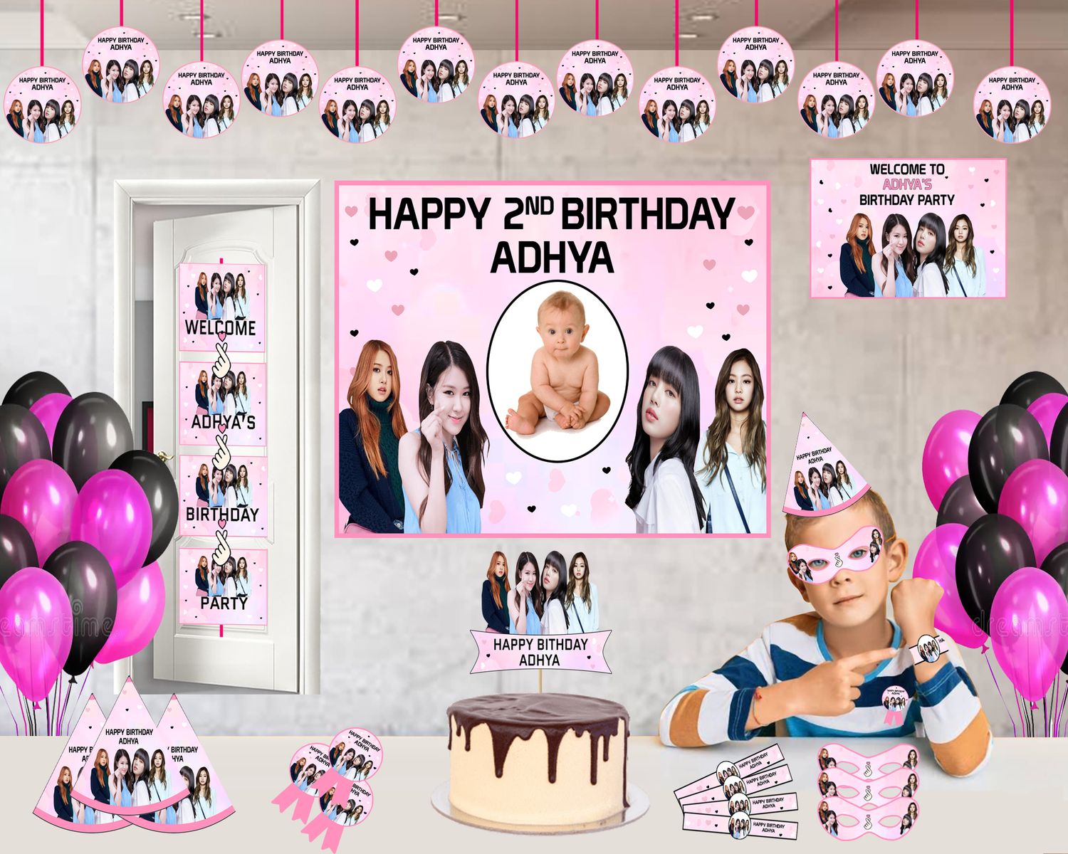 Black Pink Theme - Birthday Party Combo Kit-100Pcs With Baby Picture on Banner