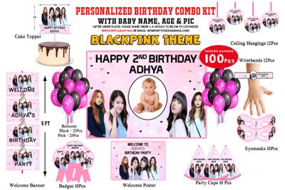 Black Pink Theme - Birthday Party Combo Kit-100Pcs With Baby Picture on Banner