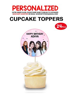 Black Pink Theme Cupcake Topper With Baby Name (24 Pcs)