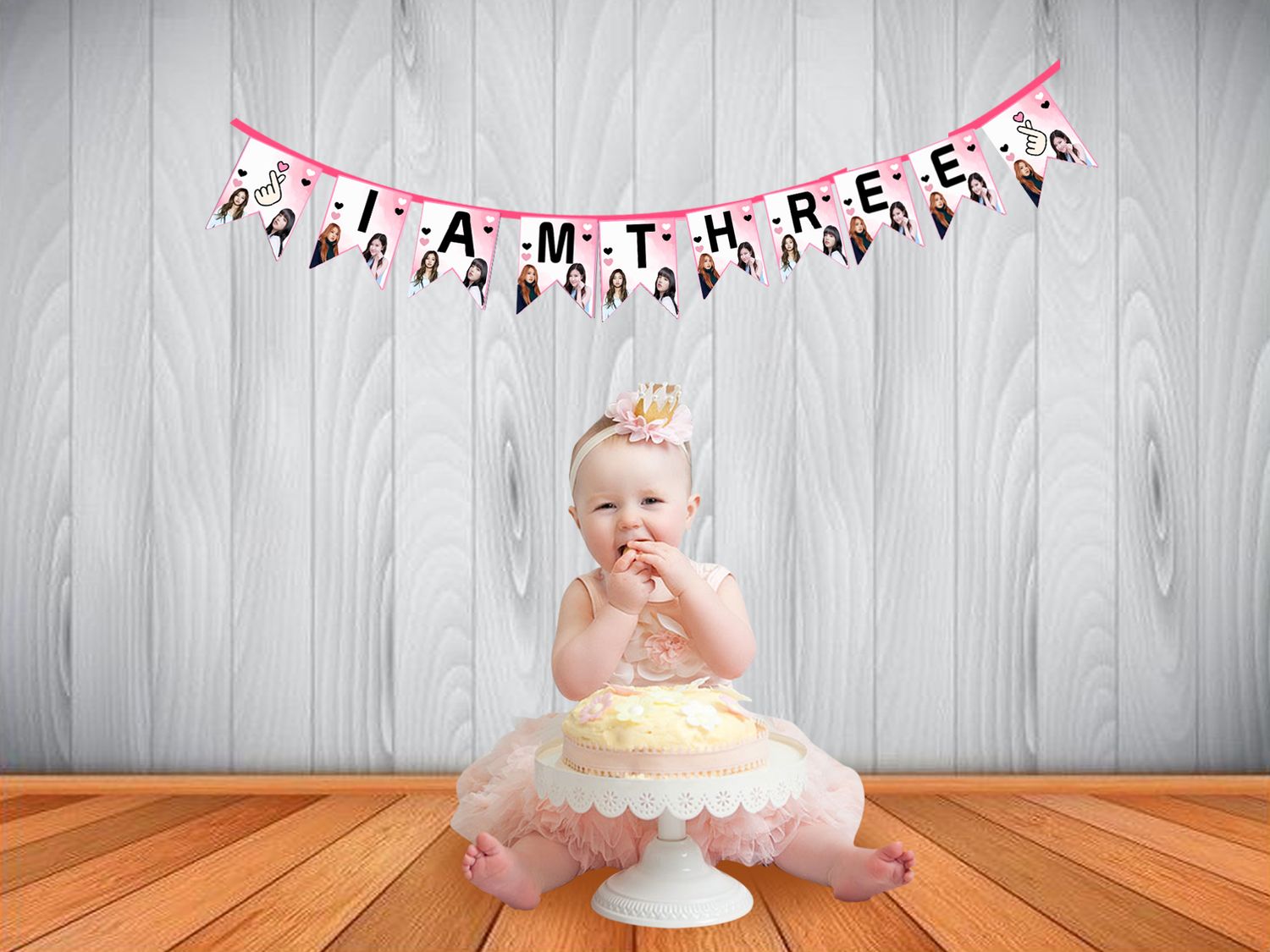 Black Pink Theme I am Three Bunting Banner
