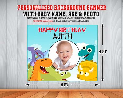 Dino Backdrop / Background Banner With Baby Picture  (4ft x 5ft)