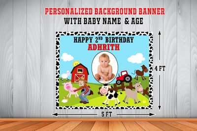 Farm Animals Backdrop / Background Banner With Baby Picture  (4ft x 5ft)