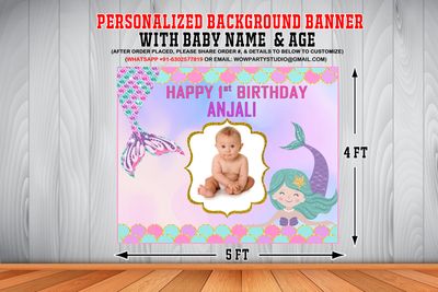 Mermaid Backdrop / Background Banner With Baby Picture  (4ft x 5ft)