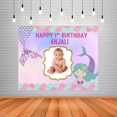 Mermaid Backdrop / Background Banner With Baby Picture  (4ft x 5ft)
