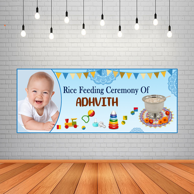 Annaprashana /Rice Eating Ceremony Blue Background Banner With Baby Picture (2ft x 5ft)