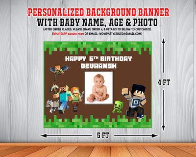 Minecraft Backdrop / Background Banner With Baby Picture  (4ft x 5ft)