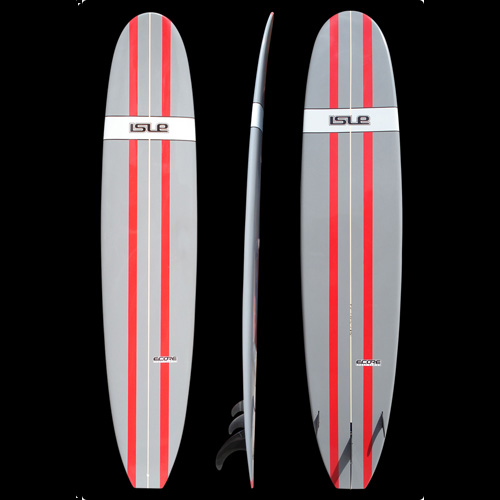 9&#39;6 Isle ECORE Epoxy Performance Longboard Grey Red Stripes
