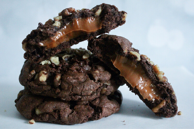 Dulce De Leche Stuffed Walnut Double Chocolate Cookies