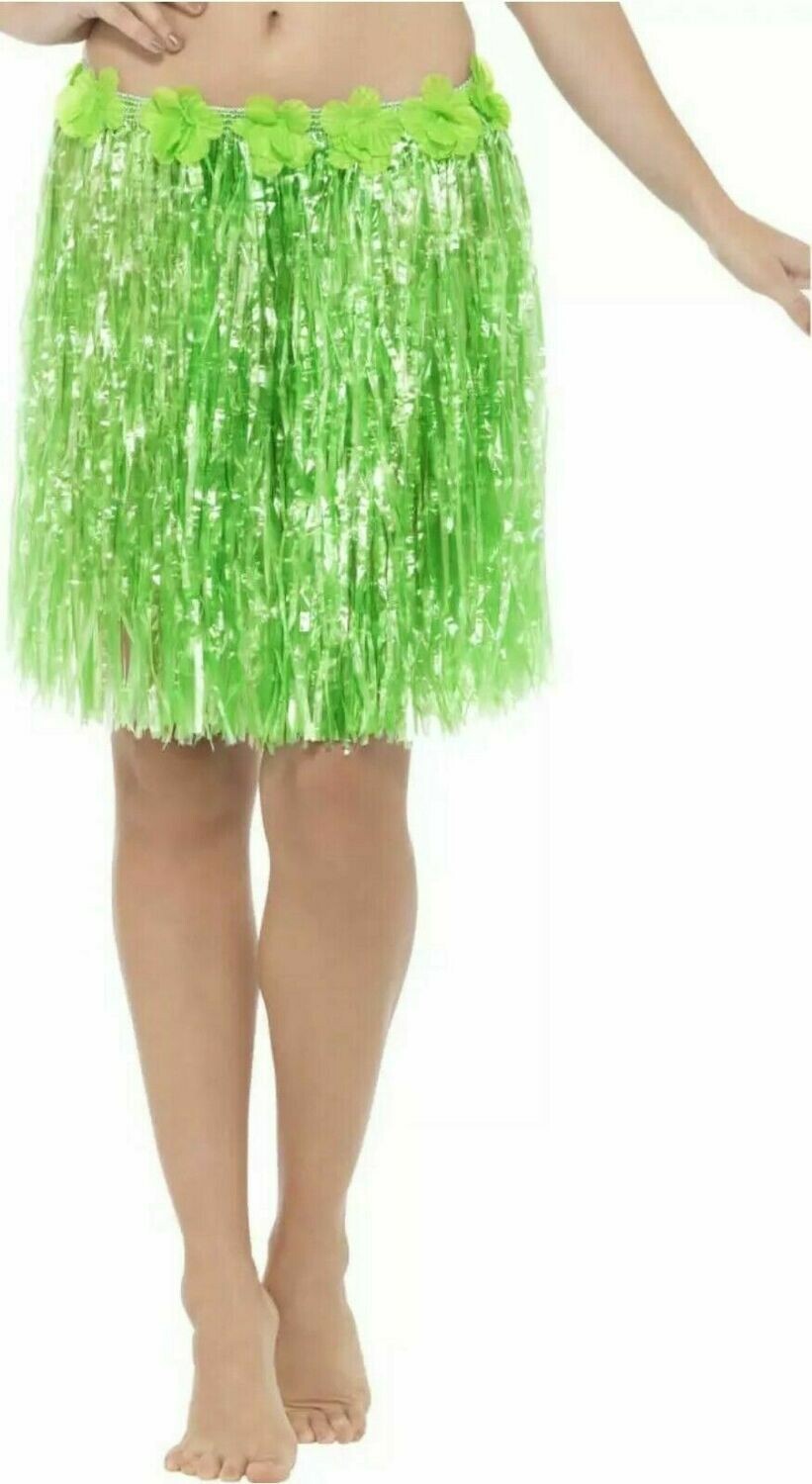 Neon Green Hawaiian Hula Skirt With Flowers