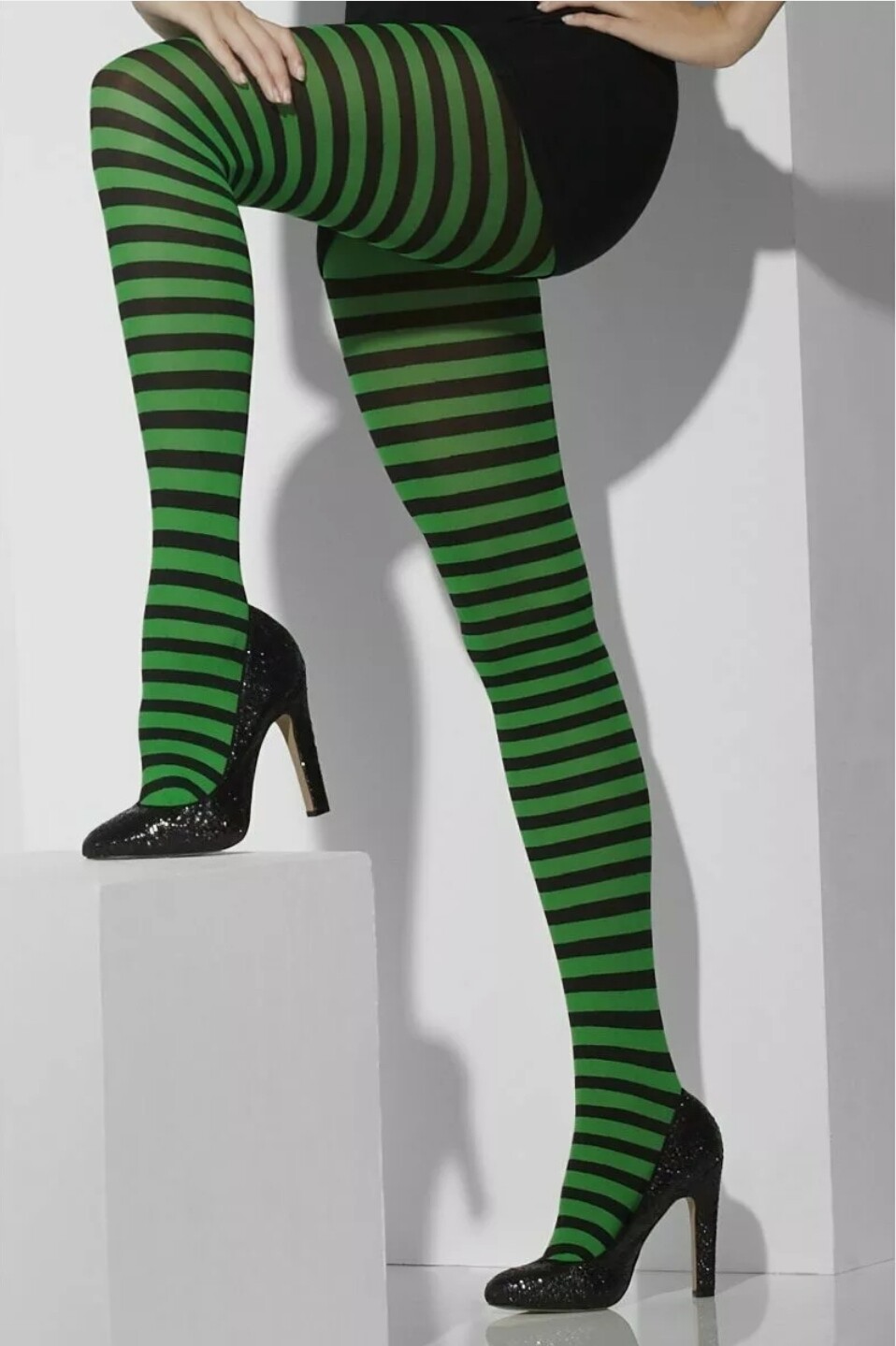 Green &amp; Black Striped Opaque Tights