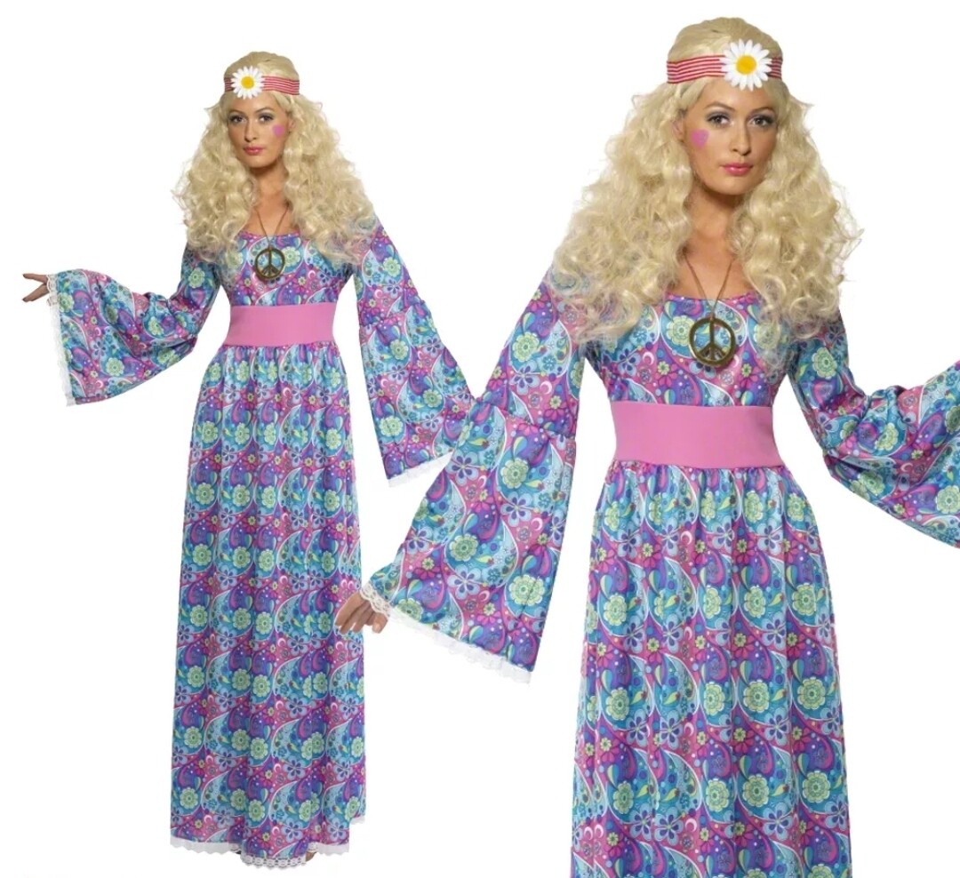 LADIES 1960s 70s HIPPIE FLOWER CHILD MAXI DRESS M 12-14 (WC84)