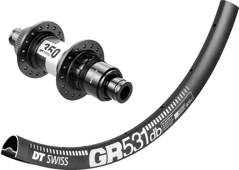 DT Swiss GR531 rims with DT Swiss 350 hubs. For disc brake and 12mm thru-axle. Tubeless ready. SRAM XDR