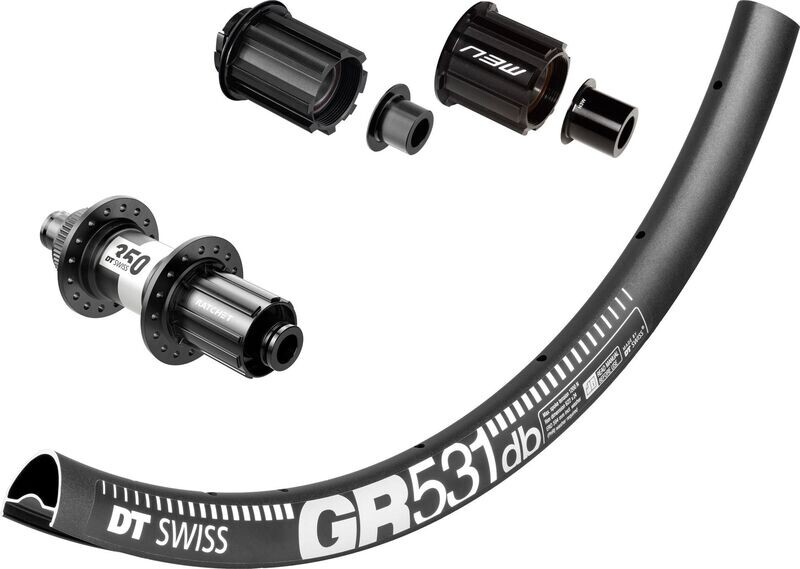 DT Swiss GR531 rims with DT Swiss 350 hubs. For disc brake and 12mm thru-axle or quick release. Tubeless ready. CAMPAGNOLO