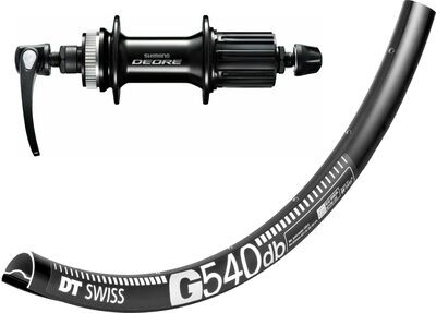 DT Swiss G540 rims with Shimano Deore M6000 hubs. For disc brake and Q/R axle. Tubeless ready.