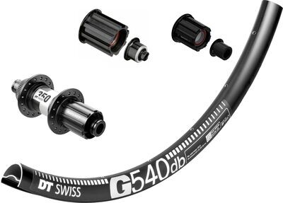 DT Swiss G540 rims with DT Swiss 350 hubs. For disc brake and 12mm thru-axle or quick release. Tubeless ready. CAMPAGNOLO