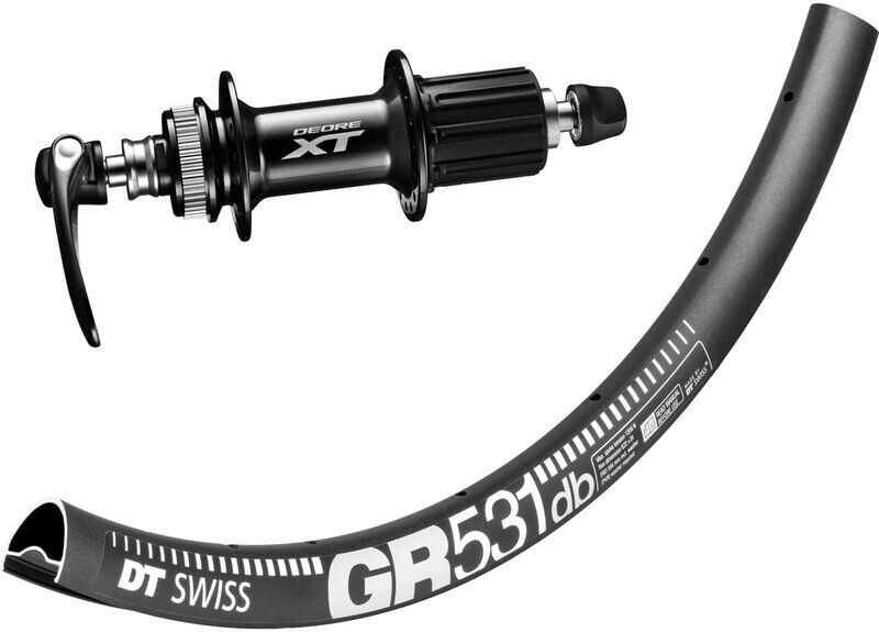 DT Swiss GR531 rims with Shimano XT M8000 hubs. For disc brake and Q/R axle. Tubeless ready.