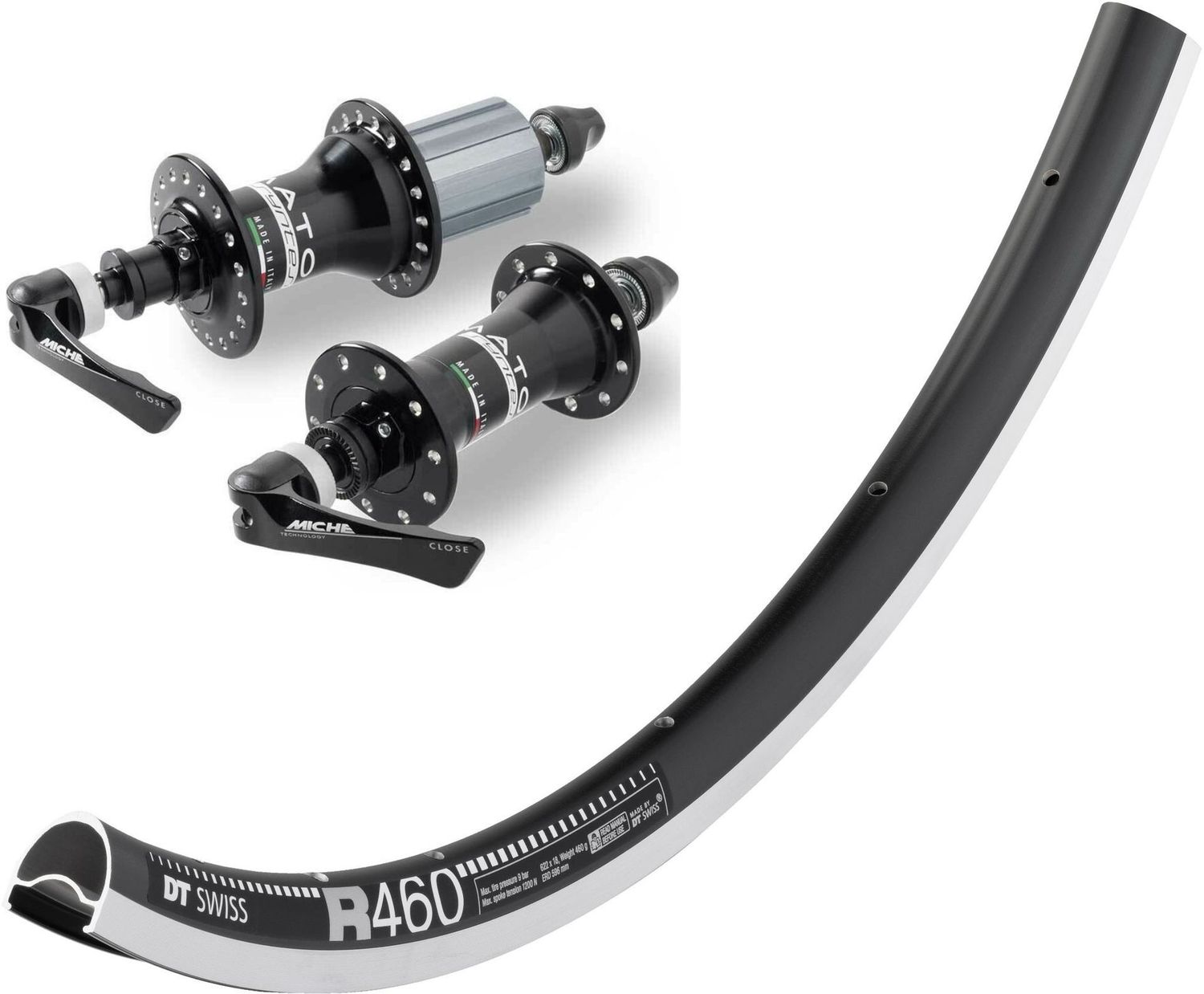 DT Swiss R460 700c rim with Miche Primato Syntesi Black hubs. For rim brake and Quick release axle. SHIMANO