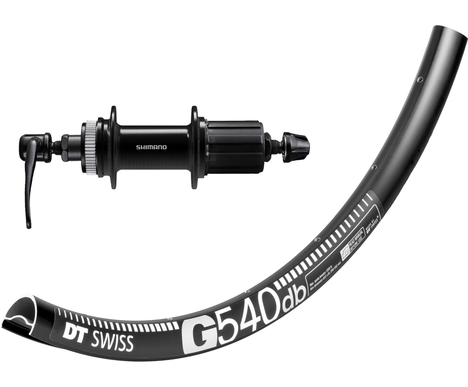 DT Swiss G540 rims with Shimano Cues QC400 (Deore Standard) hubs. For disc brake and Q/R axle. Tubeless ready.