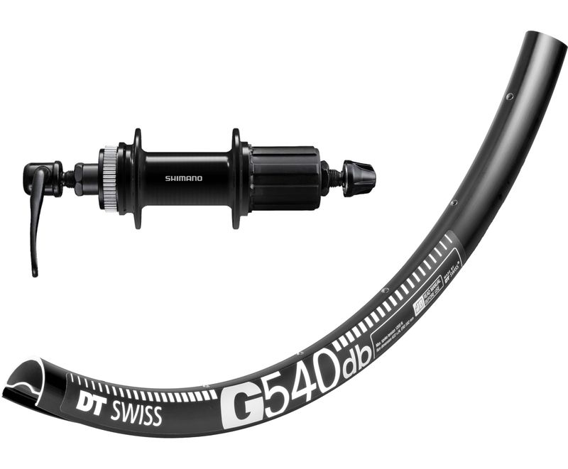 DT Swiss G540 rims with Shimano Cues QC400 (Deore Standard) hubs. For disc brake and Q/R axle. Tubeless ready.