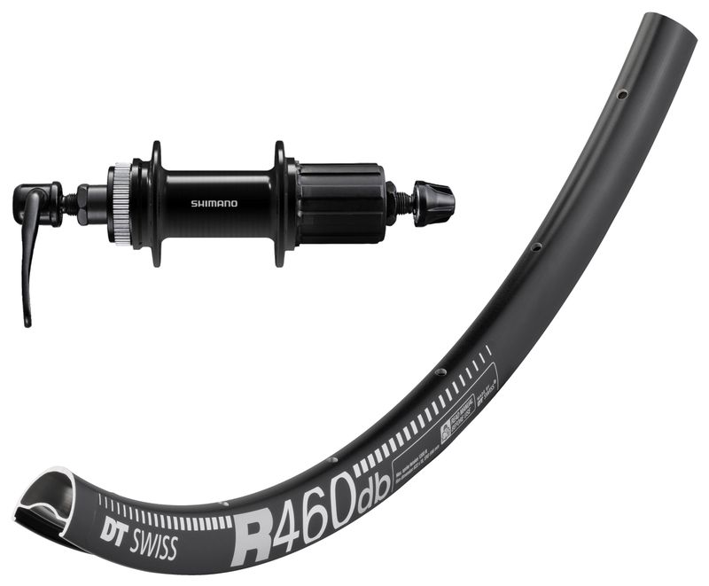 DT Swiss R460 700c rim with Shimano Cues QC400 (Deore Standard) hubs. For disc brake and Quick release.