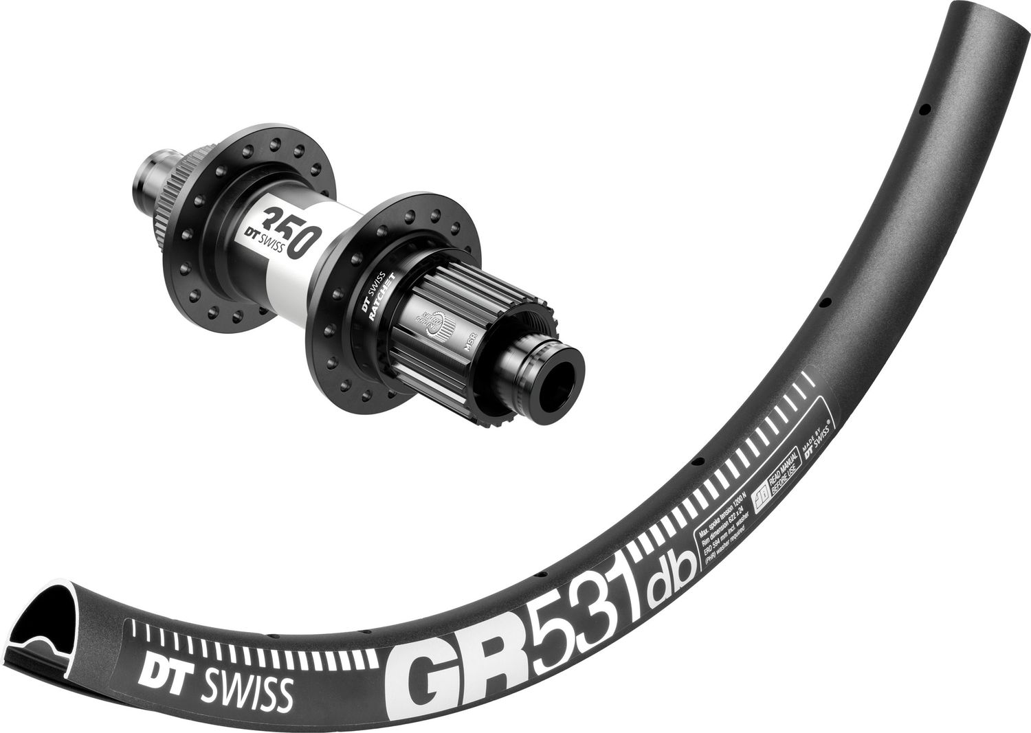 DT Swiss GR531 rims with DT Swiss 350 hubs. For disc brake and 12mm thru-axle or quick release. Tubeless ready. Shimano MICRO SPLINE