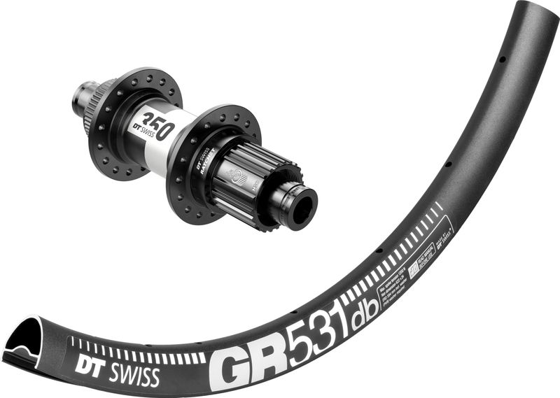 DT Swiss GR531 rims with DT Swiss 350 hubs. For disc brake and 12mm thru-axle or quick release. Tubeless ready. Shimano MICRO SPLINE