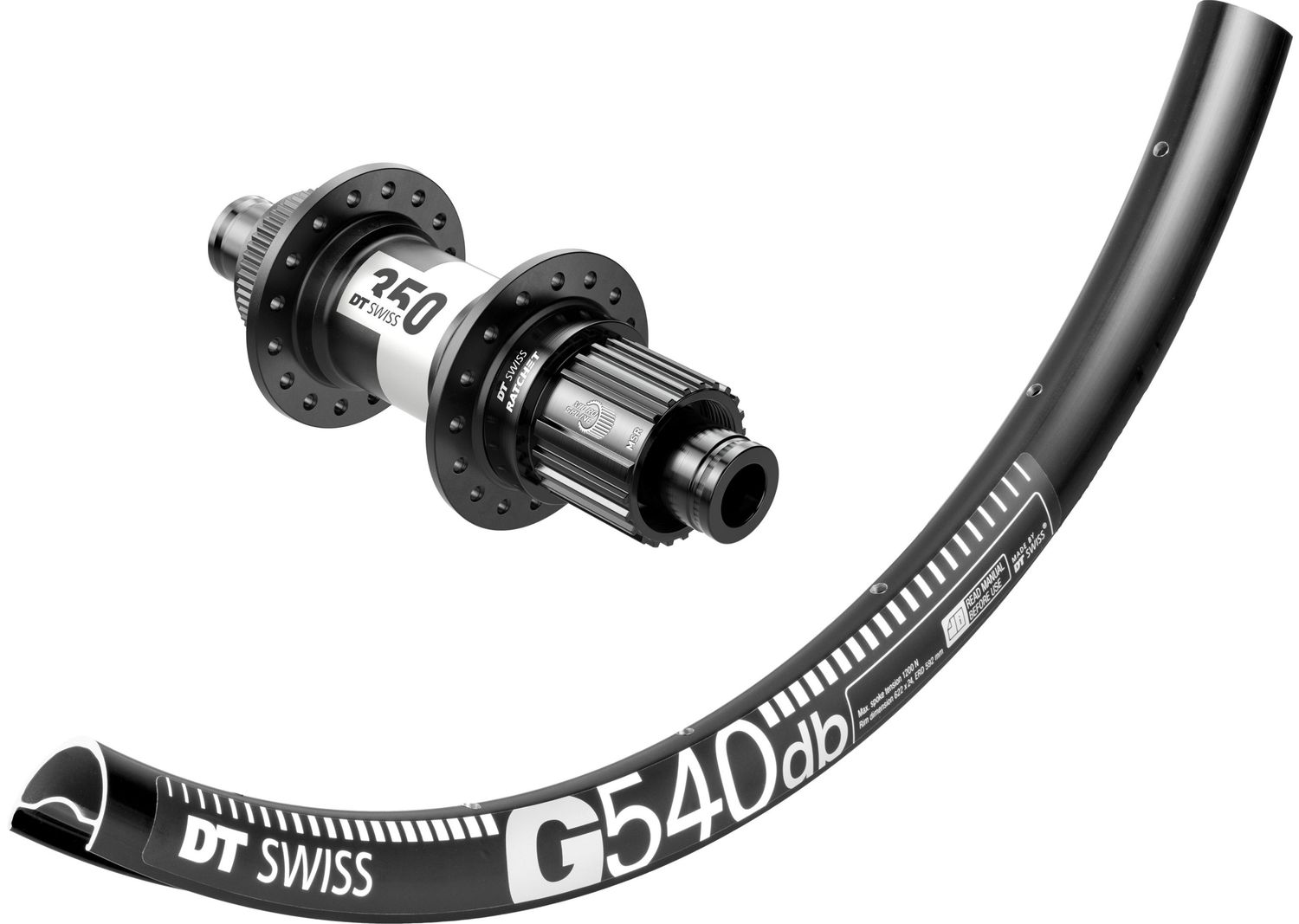 DT Swiss G540 rims with DT Swiss 350 hubs. For disc brake and 12mm thru-axle or quick release. Tubeless ready. Shimano MICRO SPLINE