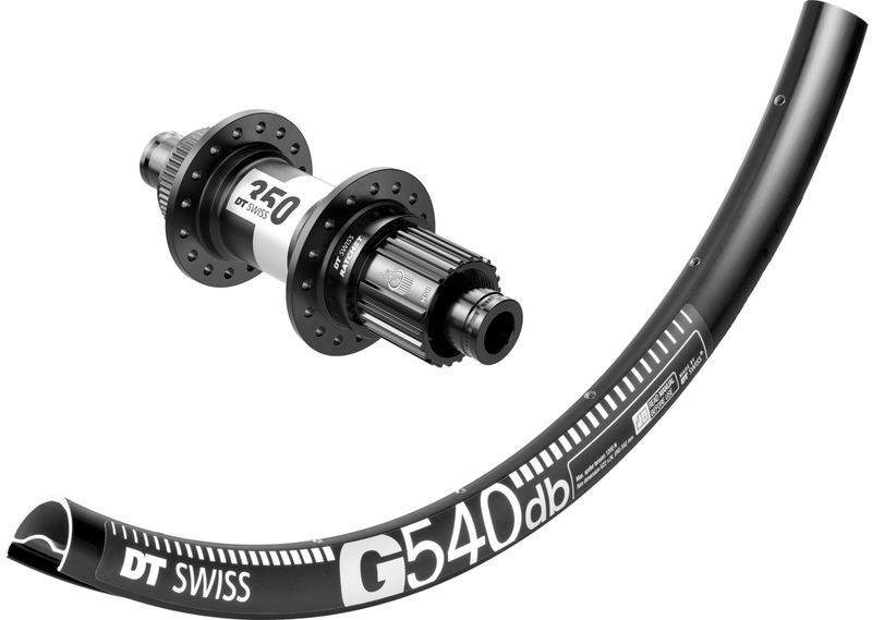 DT Swiss G540 rims with DT Swiss 350 hubs. For disc brake and 12mm thru-axle or quick release. Tubeless ready. Shimano MICRO SPLINE