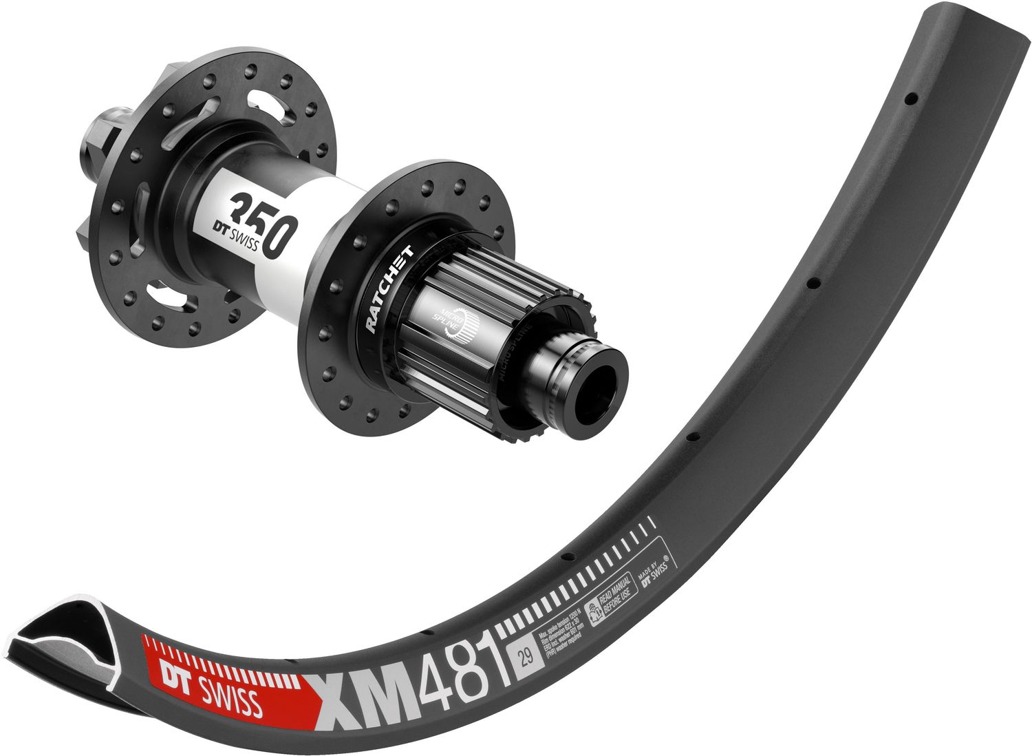 DT Swiss XM481 rims with DT Swiss 350 hubs.  Tubeless ready. SHIMANO MICRO SPLINE