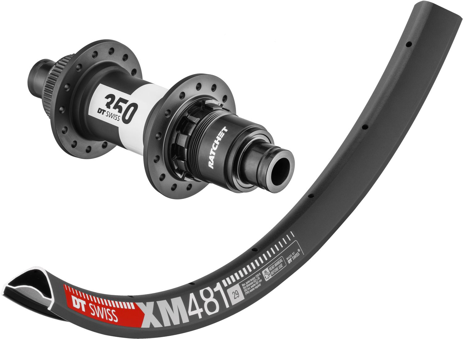 DT Swiss XM481 rims with DT Swiss 350 hubs.  Tubeless ready. Sram XD