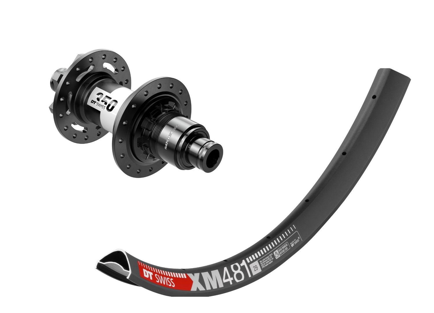 DT Swiss XM481 rims with DT Swiss 350 Rachet DEG 72t hubs.  Tubeless ready. Sram XD