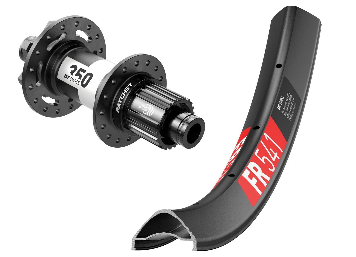 DT Swiss FR 541 rims with DT Swiss 350 Ratchet DEG 72t rear hub.  Tubeless ready. SHIMANO MICRO SPLINE