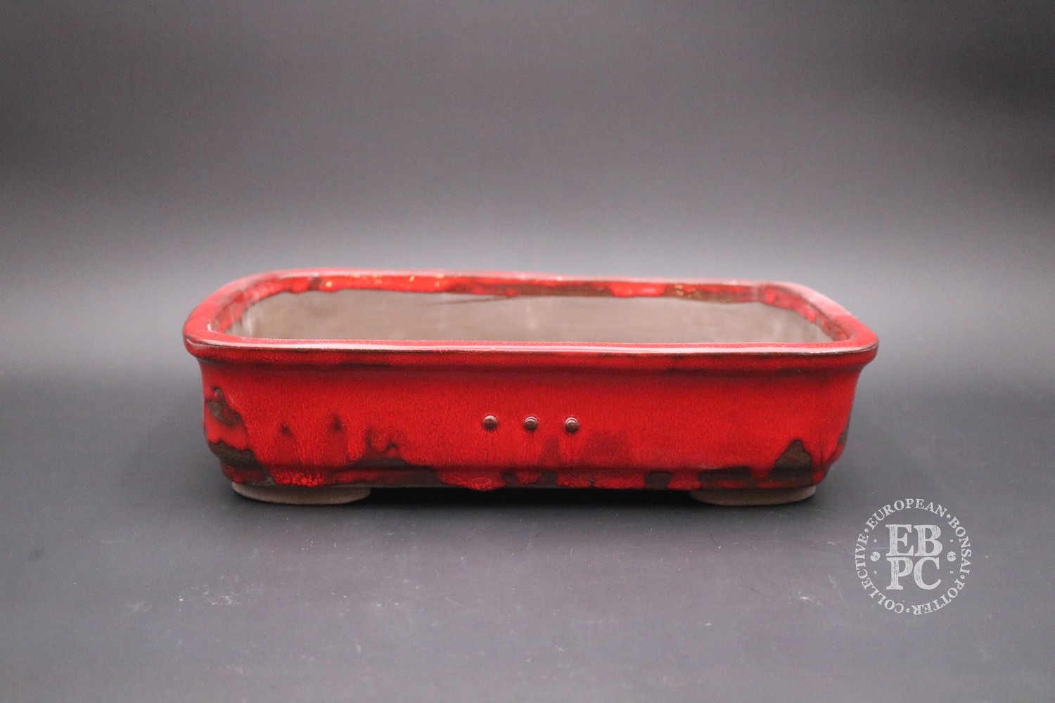SOLD - Mirt Pots - 33.5cm; Glazed; Rectangle; Rivet / stud detail; Red &#39;Chicken Blood&#39; Glaze;