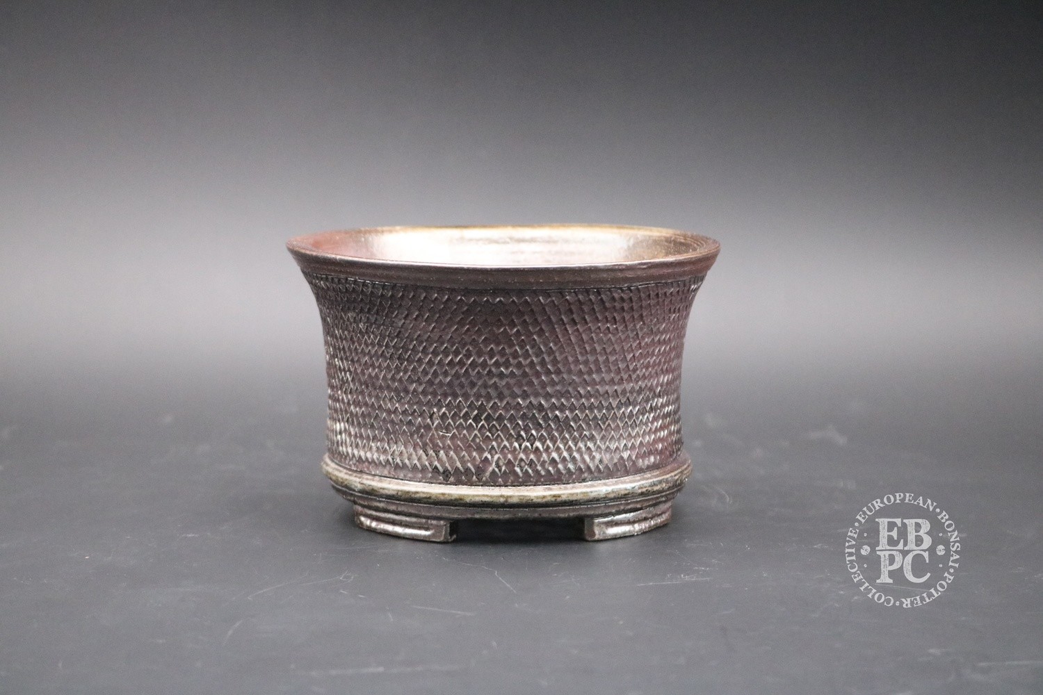 SOLD - Englert Keramik - 13.5cm; Round; Cascade; Raised pattern detail; Rich Brown; Wood-fired; Martin Englert