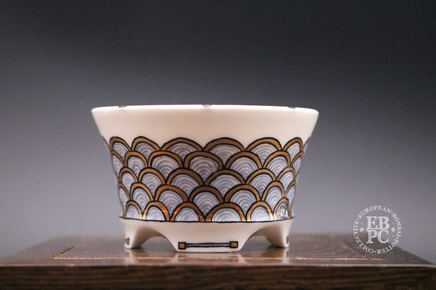SOLD - Englert Keramik - 7.6cm; Porcelain; Painted; Round, Semi-cascade; Japanese Waves; Black; Gold; Martin Englert