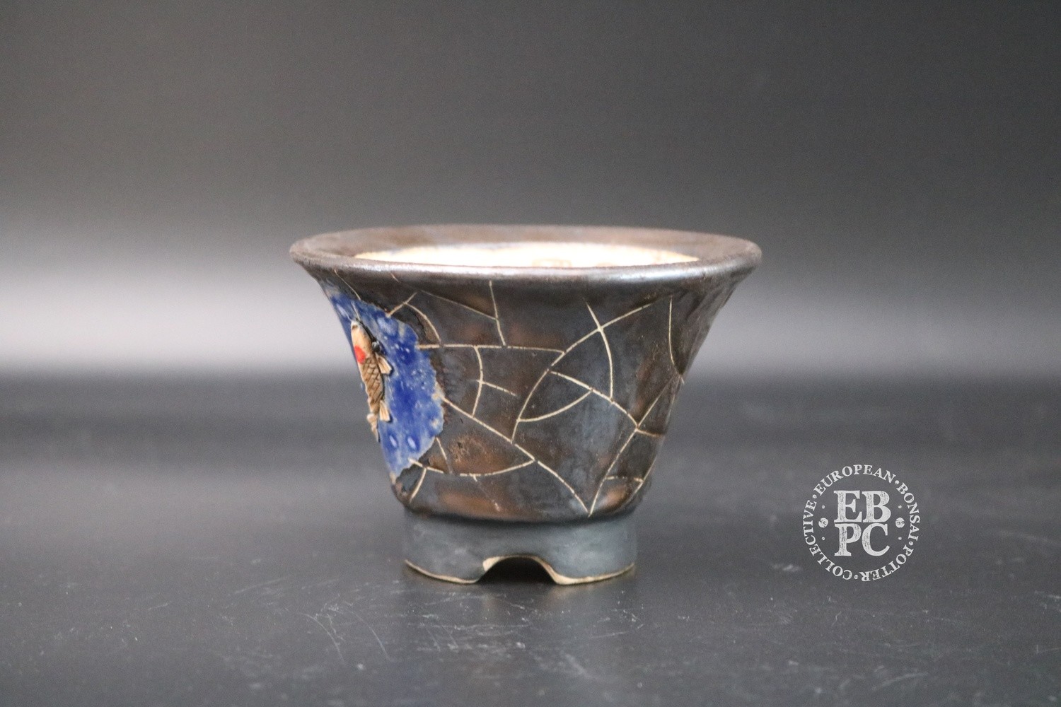 SOLD - Lotus Bonsai Studio - * EBPC Stamped* ; 9.8cm; Round; Golden Brown; blue; sculpted; Koi Carp;