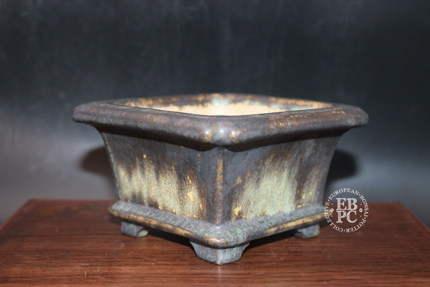 Ian Baillie - 14cm; Square; Semi cascade; Sublime glaze; Greys; Light sage crystals; Cream;  Basal band; Recessed feet; EBPC Stamped