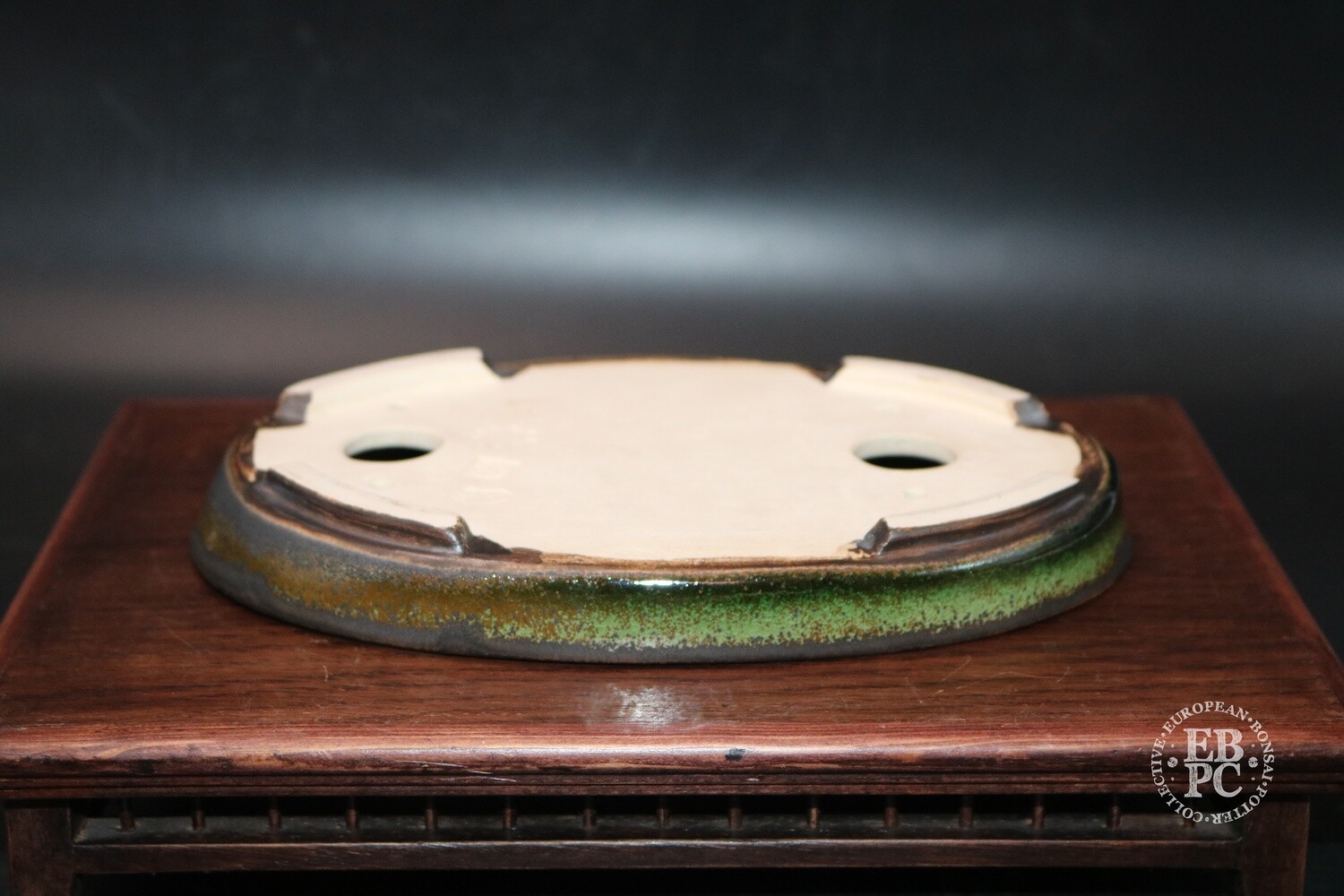 SOLD - Sabine Besnard - 20.7cm; Oval; Glazed, Translucent Green; Browns; Crackle Glaze