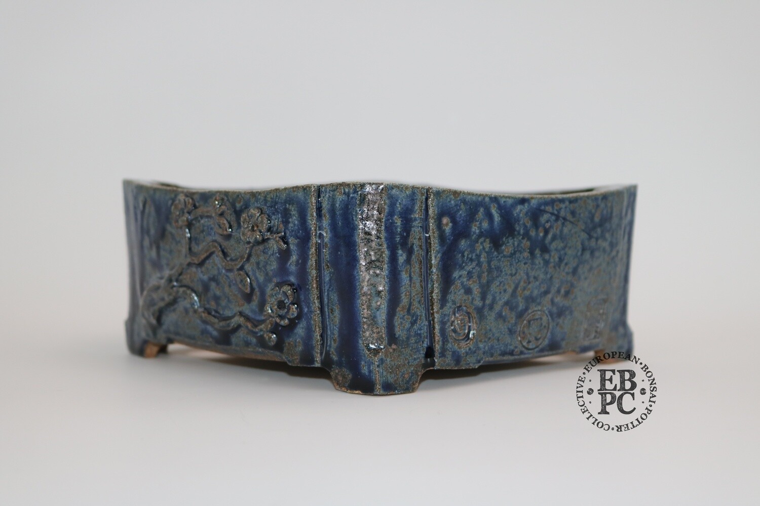 SOLD - Gramming Pots - 19.4cm;  Unique EBPC plum blosson design; Glazed; Square / Rectangle; Ultramarine / Ruri; Carved &amp; Sulpted; Multi-fronted; Tomas Gramming
