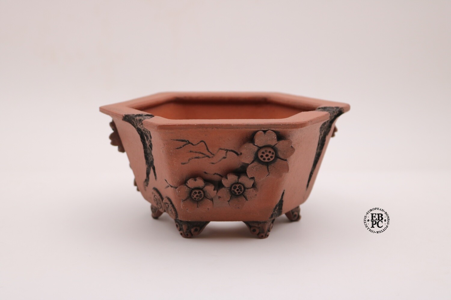 SOLD - Stone Monkey Ceramics - 15.6cm; Unique Hexagonal Semi Cascade; Reddish Clay; Ume / Plum Flowers &amp; Mushikui Design; Andrew Pearson