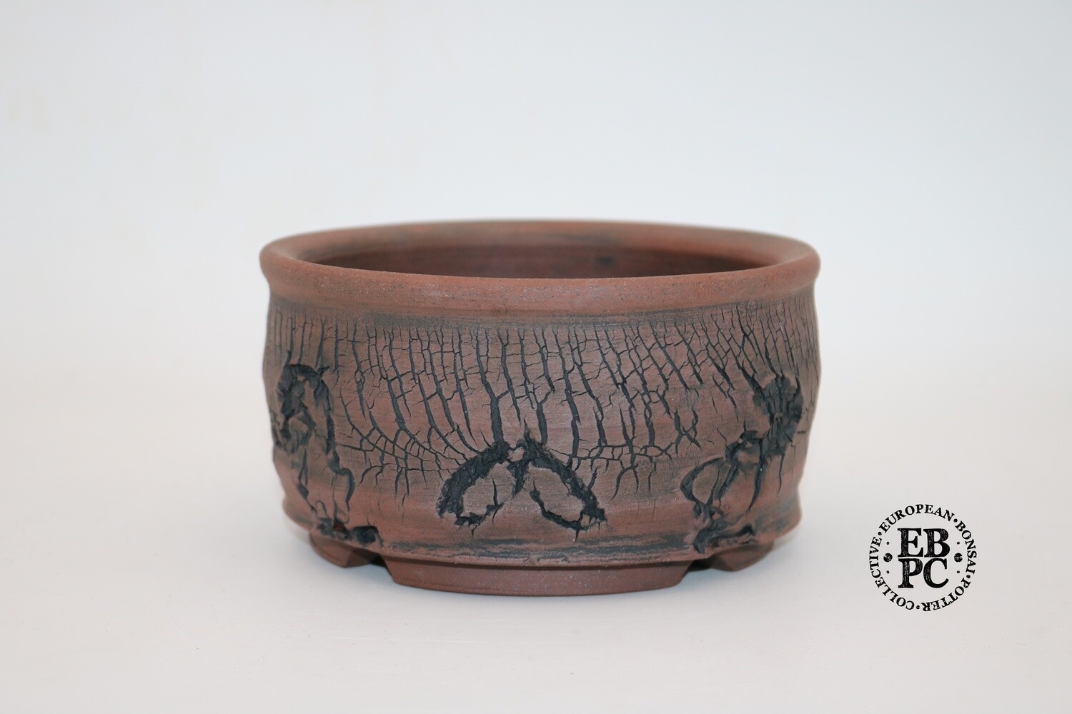 SOLD - Paul Rogers Ceramics - 14cm; Unglazed; Round; Random Deep Crackle Finish; Browns; EBPC Stamped;