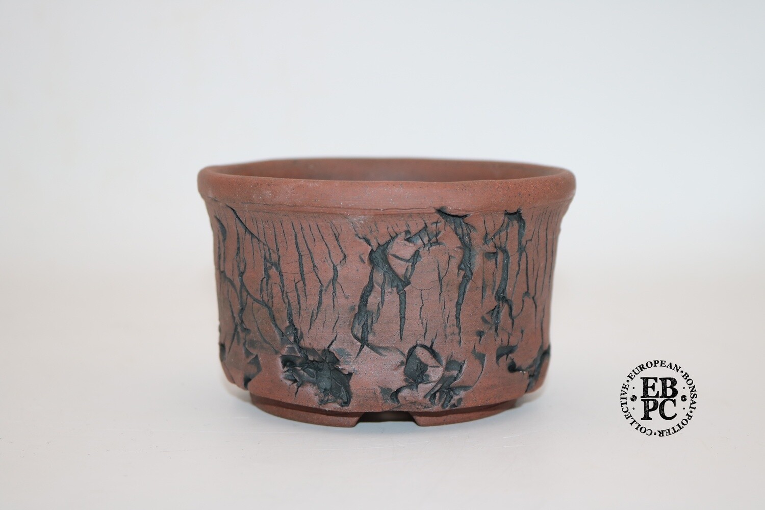 SOLD - Paul Rogers Ceramics - 12cm; Unglazed; Round; Deep Crackle; Browns; EBPC Stamped;
