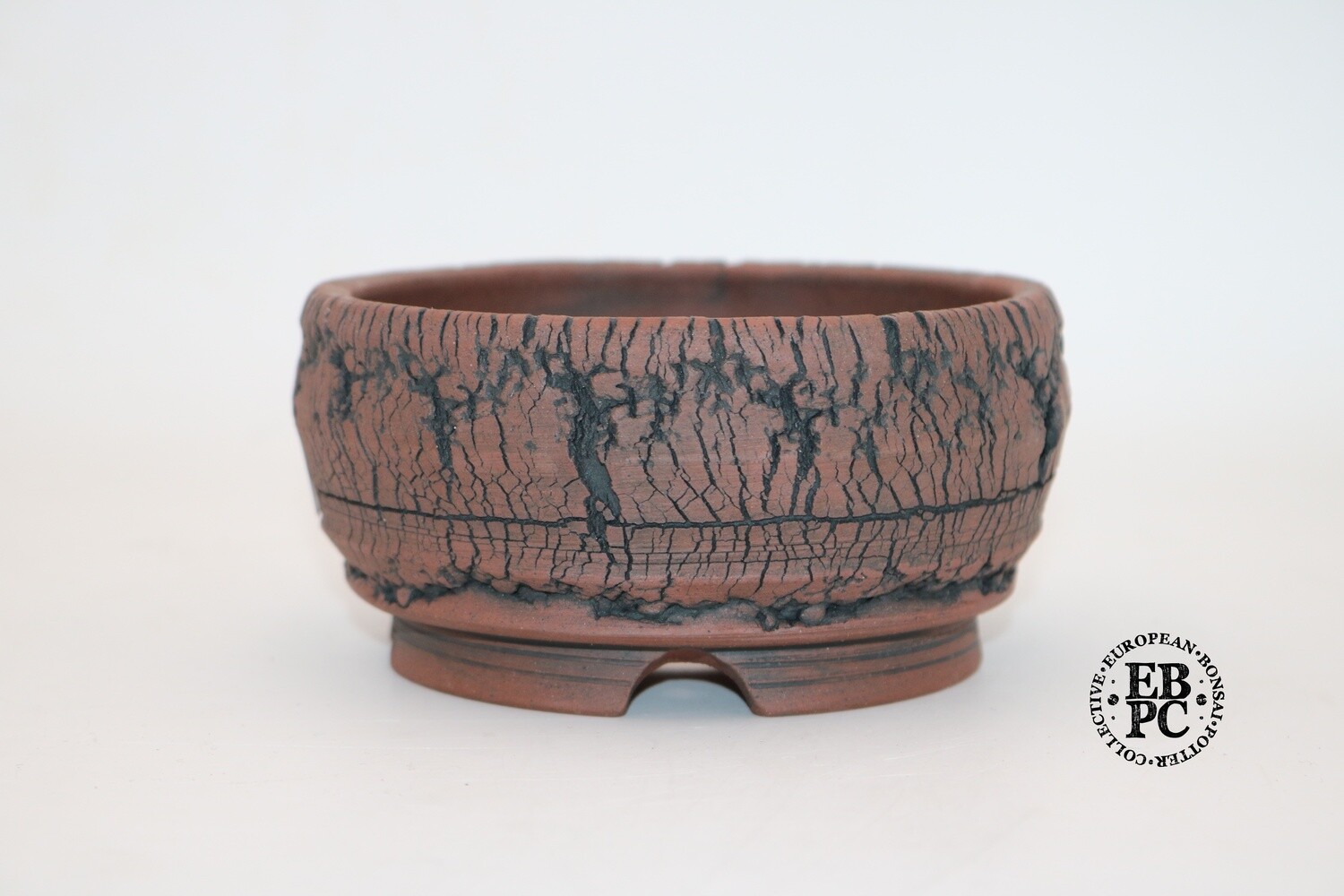 SOLD - Paul Rogers Ceramics - 13cm; Unglazed; Round; Deep Crackle Finish; Browns; EBPC Stamped;