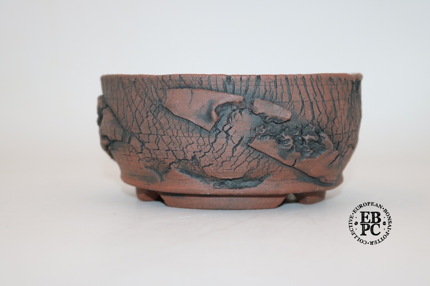 SOLD - Paul Rogers Ceramics - 13.5cm; Unglazed; Round; Repeat 3D Crackle Finish; Browns; EBPC Stamped;