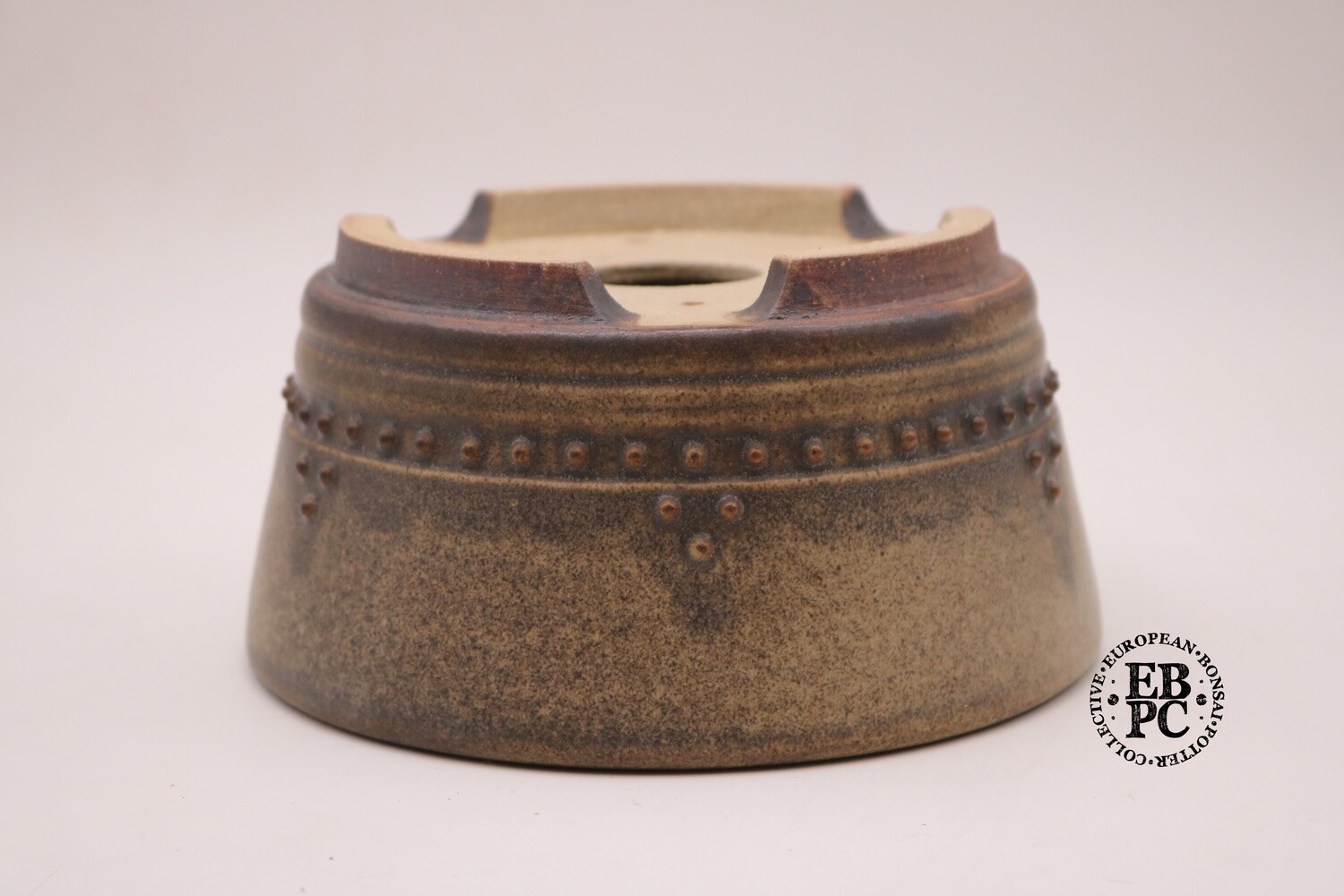 SOLD - Ian Baillie - 17.5cm; Glazed; Round; Rivets Pattern; Banding; Superb Glaze; Brown; Cream; EBPC Stamped