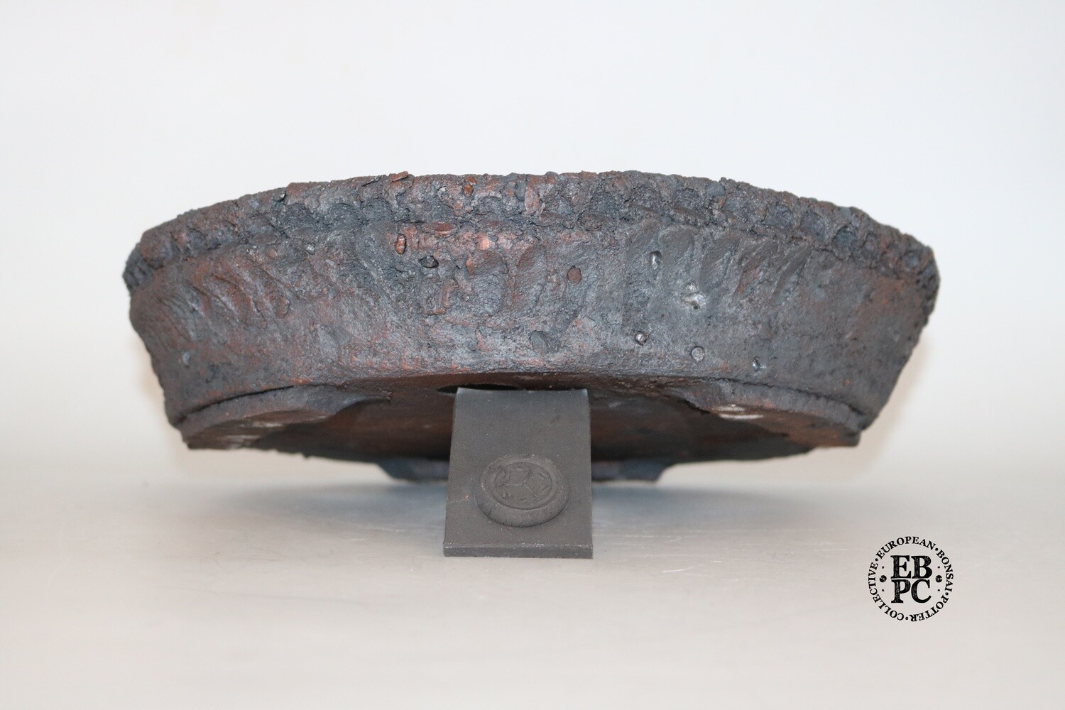 Dragonfly Bonsai Pots.  32.5cm; Unglazed; Round; Nanban; Manipulated form; Grey Browns; Rust Reddish-Brown Tones; Rugged Textures; Aged Finish