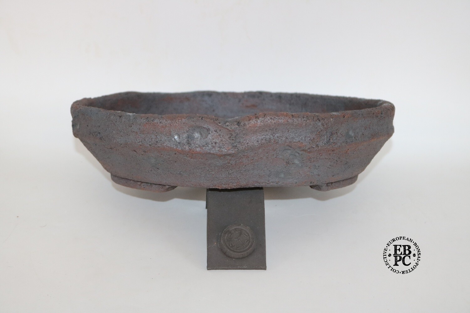 Dragonfly Bonsai Pots. 29.2cm; Unglazed; Round; Nanban; Manipulated form; Grey Browns; Rugged Textures; Aged Finish